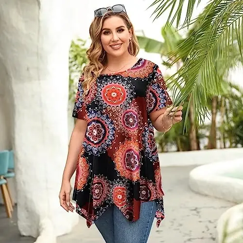 LARACE Short Sleeve Shirts for Womens Plus Size Tops Casual Summer Clothes Asymmetrical Tunic Blouses - 5