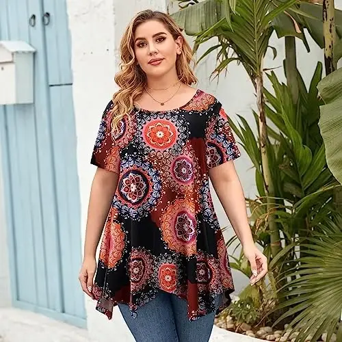 LARACE Short Sleeve Shirts for Womens Plus Size Tops Casual Summer Clothes Asymmetrical Tunic Blouses - MODAZONE (1)