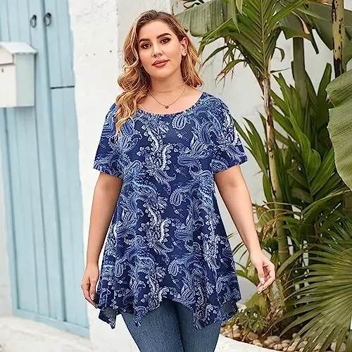 LARACE Short Sleeve Shirts for Womens Plus Size Tops Casual Summer Clothes Asymmetrical Tunic Blouses - 2