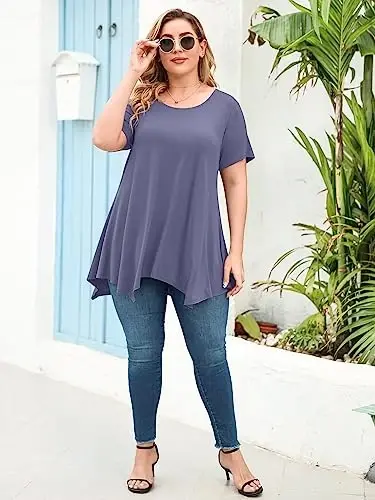 LARACE Short Sleeve Shirts for Womens Plus Size Tops Casual Summer Clothes Asymmetrical Tunic Blouses - 6