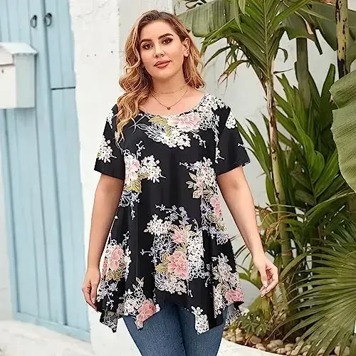 LARACE Short Sleeve Shirts for Womens Plus Size Tops Casual Summer Clothes Asymmetrical Tunic Blouses - LARACE (1)
