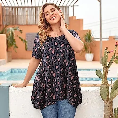LARACE Short Sleeve Shirts for Womens Plus Size Tops Casual Summer Clothes Asymmetrical Tunic Blouses - 4
