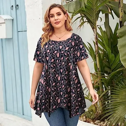LARACE Short Sleeve Shirts for Womens Plus Size Tops Casual Summer Clothes Asymmetrical Tunic Blouses - 2