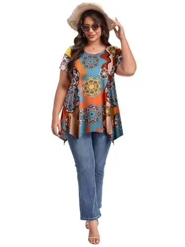 LARACE Short Sleeve Shirts for Womens Plus Size Tops Casual Summer Clothes Asymmetrical Tunic Blouses - 5