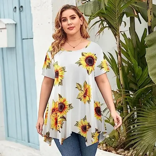 LARACE Short Sleeve Shirts for Womens Plus Size Tops Casual Summer Clothes Asymmetrical Tunic Blouses - 2