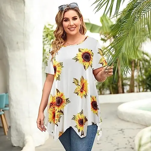 LARACE Short Sleeve Shirts for Womens Plus Size Tops Casual Summer Clothes Asymmetrical Tunic Blouses - 5