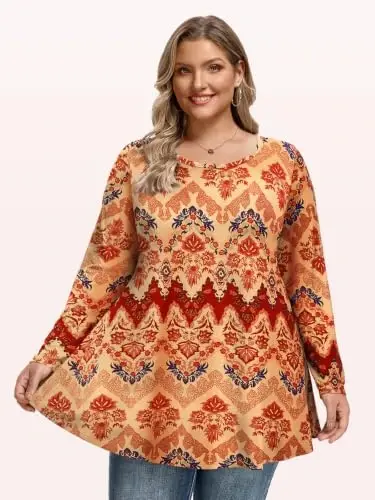LARACE Long Sleeve Tunic Tops for Women Plus Size Fall Shirts for Legging | Round Neck, 95% Rayon, Soft & Breathable, Flowy Hem to Hide Belly, Suit for Fall & Winter, to Wear with Leggings, M-6X - 4