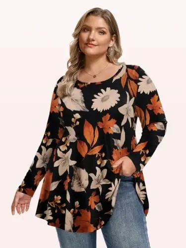 LARACE Long Sleeve Tunic Tops for Women Plus Size Fall Shirts for Legging | Round Neck, 95% Rayon, Soft & Breathable, Flowy Hem to Hide Belly, Suit for Fall & Winter, to Wear with Leggings, M-6X - 2
