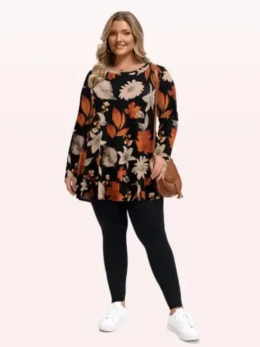 LARACE Long Sleeve Tunic Tops for Women Plus Size Fall Shirts for Legging | Round Neck, 95% Rayon, Soft & Breathable, Flowy Hem to Hide Belly, Suit for Fall & Winter, to Wear with Leggings, M-6X - 6