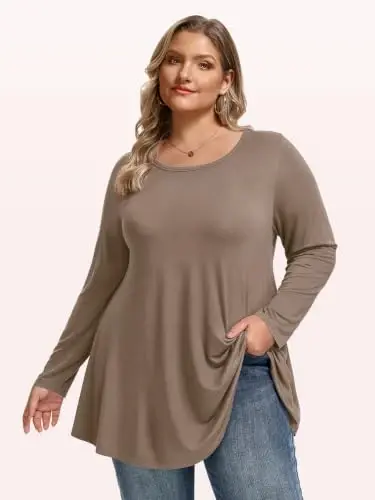 LARACE Long Sleeve Tunic Tops for Women Plus Size Fall Shirts for Legging | Round Neck, 95% Rayon, Soft & Breathable, Flowy Hem to Hide Belly, Suit for Fall & Winter, to Wear with Leggings, M-6X - 2
