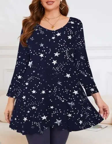 LARACE Plus Size Tops for Women 3/4 Sleeve Shirts V Neck Tunic Tops Blouses | Comfy 95% Rayon, Soft & Breathable, Stretchy, Wrinkle-Free for All-Day Comfort, Flowy Hem, Daily Wear Casual Top, Hide Belly - 2