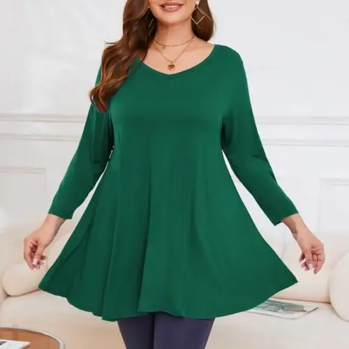 LARACE Plus Size Tops for Women 3/4 Sleeve Shirts V Neck Tunic Tops Blouses | Comfy 95% Rayon, Soft & Breathable, Stretchy, Wrinkle-Free for All-Day Comfort, Flowy Hem, Daily Wear Casual Top, Hide Belly - 3