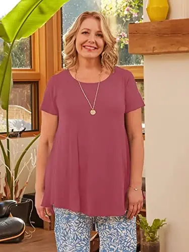 LARACE Plus Size Tops for Women Short Sleeve Shirts Casual Summer Clothes Round Neck Tunics for Leggings - 3