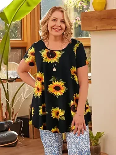 LARACE Plus Size Tops for Women Short Sleeve Shirts Casual Summer Clothes Round Neck Tunics for Leggings - 2