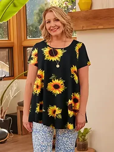 LARACE Plus Size Tops for Women Short Sleeve Shirts Casual Summer Clothes Round Neck Tunics for Leggings - 3