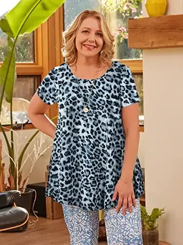 LARACE Plus Size Tops for Women Short Sleeve Shirts Casual Summer Clothes Round Neck Tunics for Leggings - MODAZONE (1)