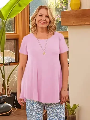 LARACE Plus Size Tops for Women Short Sleeve Shirts Casual Summer Clothes Round Neck Tunics for Leggings - 3