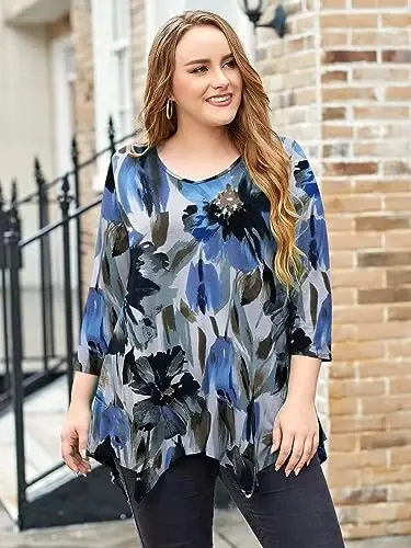 LARACE Plus Size Tops for Women Tunic Asymmetrical Dress Shirts 3/4 Sleeve V Neck Flowy Ladies Clothes for Leggings - 9