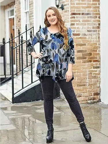 LARACE Plus Size Tops for Women Tunic Asymmetrical Dress Shirts 3/4 Sleeve V Neck Flowy Ladies Clothes for Leggings - 10