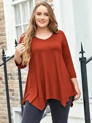 LARACE Plus Size Tops for Women Tunic Asymmetrical Dress Shirts 3/4 Sleeve V Neck Flowy Ladies Clothes for Leggings - 3
