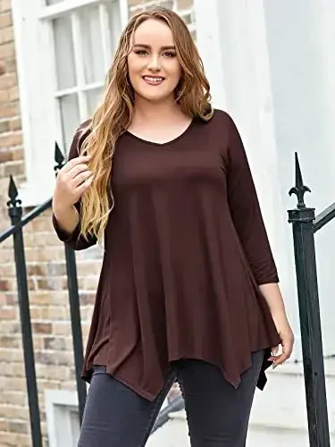 LARACE Plus Size Tops for Women Tunic Asymmetrical Dress Shirts 3/4 Sleeve V Neck Flowy Ladies Clothes for Leggings - 3