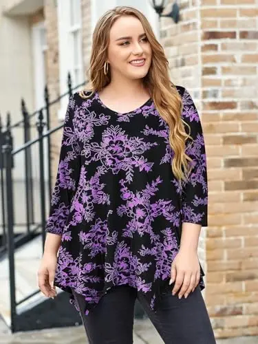 LARACE Plus Size Tops for Women Tunic Asymmetrical Dress Shirts 3/4 Sleeve V Neck Flowy Ladies Clothes for Leggings - 9