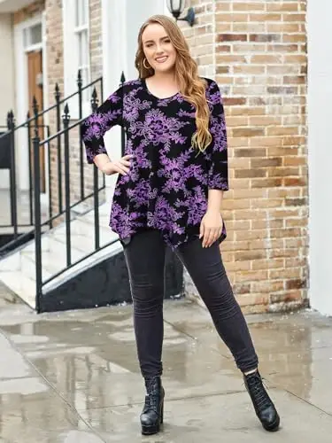 LARACE Plus Size Tops for Women Tunic Asymmetrical Dress Shirts 3/4 Sleeve V Neck Flowy Ladies Clothes for Leggings - 5
