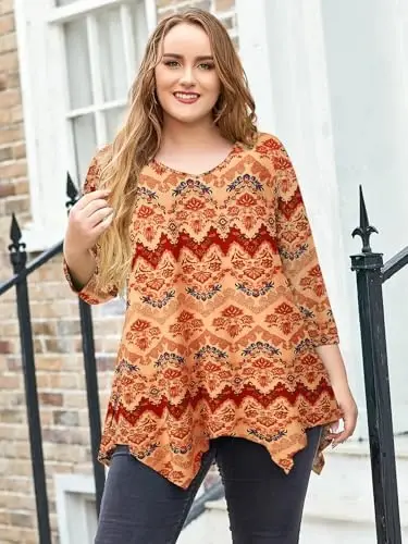 LARACE Plus Size Tops for Women Tunic Asymmetrical Dress Shirts 3/4 Sleeve V Neck Flowy Ladies Clothes for Leggings - 3