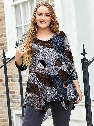 LARACE Plus Size Tops for Women Tunic Asymmetrical Dress Shirts 3/4 Sleeve V Neck Flowy Ladies Clothes for Leggings - 3