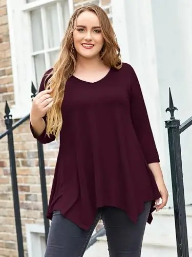 LARACE Plus Size Tops for Women Tunic Asymmetrical Dress Shirts 3/4 Sleeve V Neck Flowy Ladies Clothes for Leggings - 8