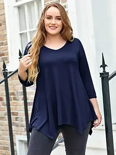 LARACE Plus Size Tops for Women Tunic Asymmetrical Dress Shirts 3/4 Sleeve V Neck Flowy Ladies Clothes for Leggings - 3