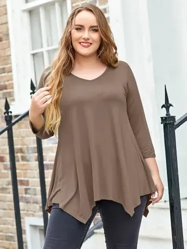 LARACE Plus Size Tops for Women Tunic Asymmetrical Dress Shirts 3/4 Sleeve V Neck Flowy Ladies Clothes for Leggings - 3