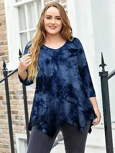 LARACE Plus Size Tops for Women Tunic Asymmetrical Dress Shirts 3/4 Sleeve V Neck Flowy Ladies Clothes for Leggings - 3