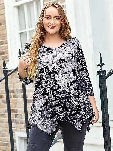 LARACE Plus Size топы для женщин туника асимметричные рубашки 3/4 рукава V образный вырез свободная женская одежда для леггинсов - 8