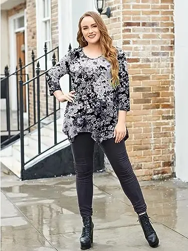 LARACE Plus Size топы для женщин туника асимметричные рубашки 3/4 рукава V образный вырез свободная женская одежда для леггинсов - 5