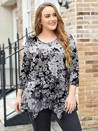 LARACE Plus Size топы для женщин туника асимметричные рубашки 3/4 рукава V образный вырез свободная женская одежда для леггинсов - 4