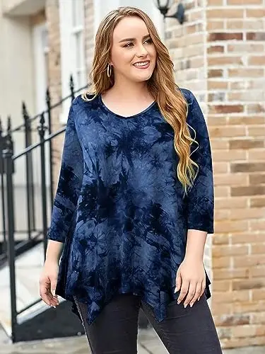 LARACE Plus Size топы для женщин, туника, асимметричные рубашки, рукав 3/4, V-образный вырез, свободная женская одежда для леггинсов - 9