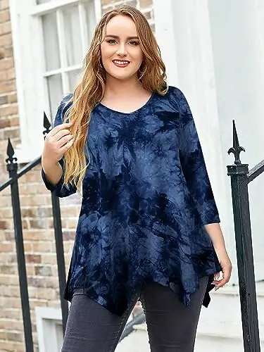 LARACE Plus Size топы для женщин, туника, асимметричные рубашки, рукав 3/4, V-образный вырез, свободная женская одежда для леггинсов - 3