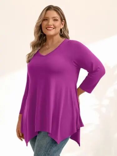 LARACE Plus Size V-Neck 3/4 Sleeve Asymmetrical Tunic Tops for Women | 95% Rayon, 5% Spandex, Breathable, Stretchy, Flowy Hem Hides Belly and Hips, Casual, Fall, Winter, for Leggings, L-5X - LARACE (1)