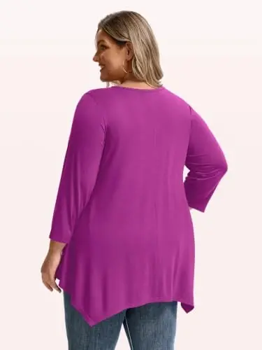 LARACE Plus Size V-Neck 3/4 Sleeve Asymmetrical Tunic Tops for Women | 95% Rayon, 5% Spandex, Breathable, Stretchy, Flowy Hem Hides Belly and Hips, Casual, Fall, Winter, for Leggings, L-5X - 3