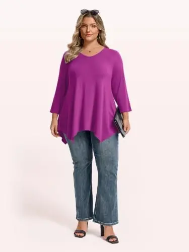 LARACE Plus Size V-Neck 3/4 Sleeve Asymmetrical Tunic Tops for Women | 95% Rayon, 5% Spandex, Breathable, Stretchy, Flowy Hem Hides Belly and Hips, Casual, Fall, Winter, for Leggings, L-5X - 4