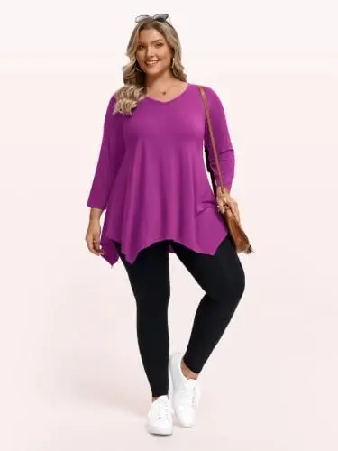 LARACE Plus Size V-Neck 3/4 Sleeve Asymmetrical Tunic Tops for Women | 95% Rayon, 5% Spandex, Breathable, Stretchy, Flowy Hem Hides Belly and Hips, Casual, Fall, Winter, for Leggings, L-5X - 5