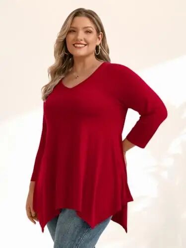 LARACE Plus Size V-Neck 3/4 Sleeve Asymmetrical Tunic Tops for Women | 95% Rayon, 5% Spandex, Breathable, Stretchy, Flowy Hem Hides Belly and Hips, Casual, Fall, Winter, for Leggings, L-5X - LARACE (1)