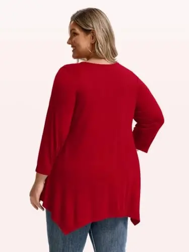 LARACE Plus Size V-Neck 3/4 Sleeve Asymmetrical Tunic Tops for Women | 95% Rayon, 5% Spandex, Breathable, Stretchy, Flowy Hem Hides Belly and Hips, Casual, Fall, Winter, for Leggings, L-5X - 3