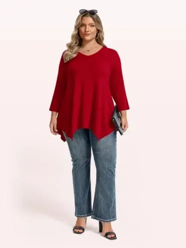 LARACE Plus Size V-Neck 3/4 Sleeve Asymmetrical Tunic Tops for Women | 95% Rayon, 5% Spandex, Breathable, Stretchy, Flowy Hem Hides Belly and Hips, Casual, Fall, Winter, for Leggings, L-5X - 4