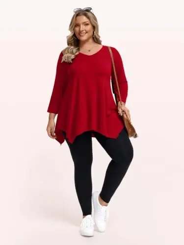 LARACE Plus Size V-Neck 3/4 Sleeve Asymmetrical Tunic Tops for Women | 95% Rayon, 5% Spandex, Breathable, Stretchy, Flowy Hem Hides Belly and Hips, Casual, Fall, Winter, for Leggings, L-5X - 5