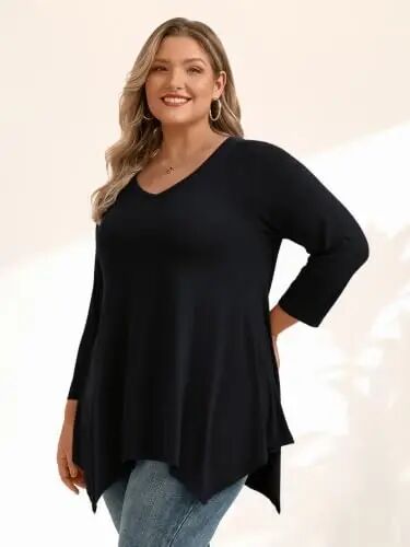 LARACE Plus Size V-Neck 3/4 Sleeve Asymmetrical Tunic Tops for Women | 95% Rayon, 5% Spandex, Breathable, Stretchy, Flowy Hem Hides Belly and Hips, Casual, Fall, Winter, for Leggings, L-5X - LARACE (1)