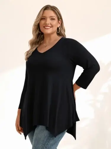 LARACE Plus Size V-Neck 3/4 Sleeve Asymmetrical Tunic Tops for Women | 95% Rayon, 5% Spandex, Breathable, Stretchy, Flowy Hem Hides Belly and Hips, Casual, Fall, Winter, for Leggings, L-5X - 2