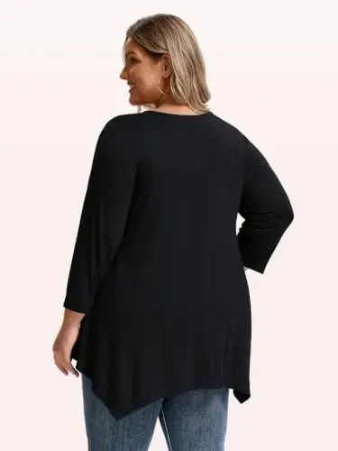 LARACE Plus Size V-Neck 3/4 Sleeve Asymmetrical Tunic Tops for Women | 95% Rayon, 5% Spandex, Breathable, Stretchy, Flowy Hem Hides Belly and Hips, Casual, Fall, Winter, for Leggings, L-5X - 3