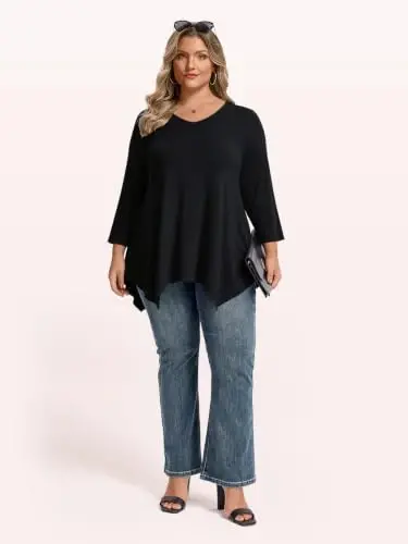 LARACE Plus Size V-Neck 3/4 Sleeve Asymmetrical Tunic Tops for Women | 95% Rayon, 5% Spandex, Breathable, Stretchy, Flowy Hem Hides Belly and Hips, Casual, Fall, Winter, for Leggings, L-5X - 4